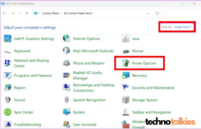 Control Panel Power Option