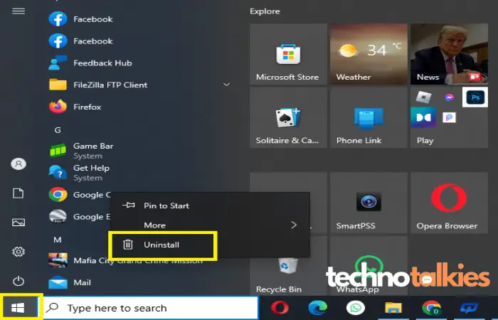 HOw to Uninstall program from start menu