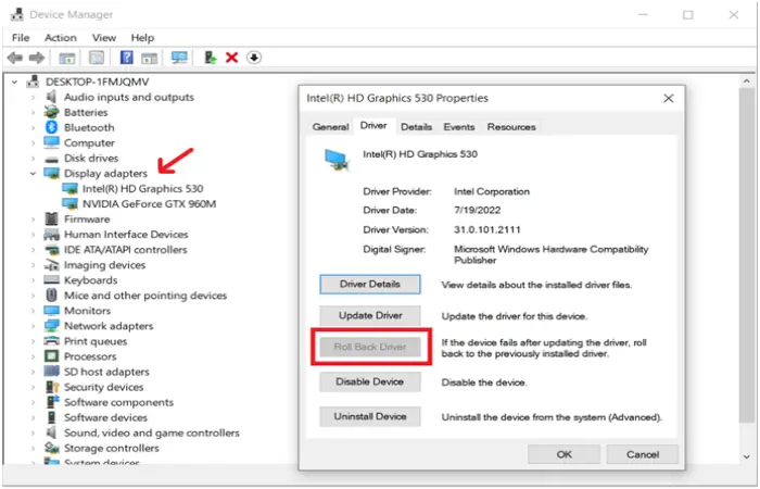 Laptop Screen Flickering: Roll Back Driver